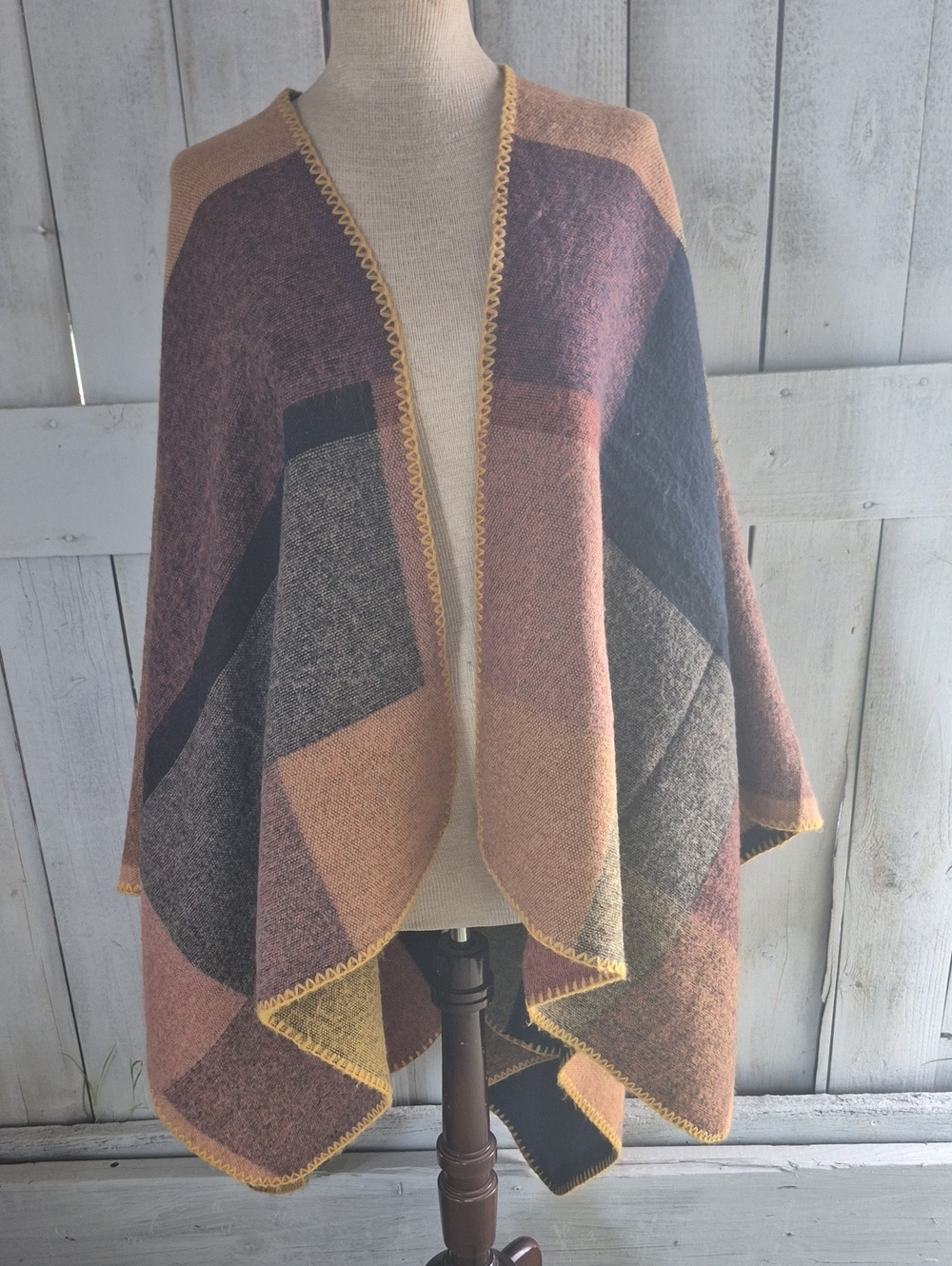 Geometric Colorblock Wrap Poncho in Taupe, Charcoal & Mustard Trim